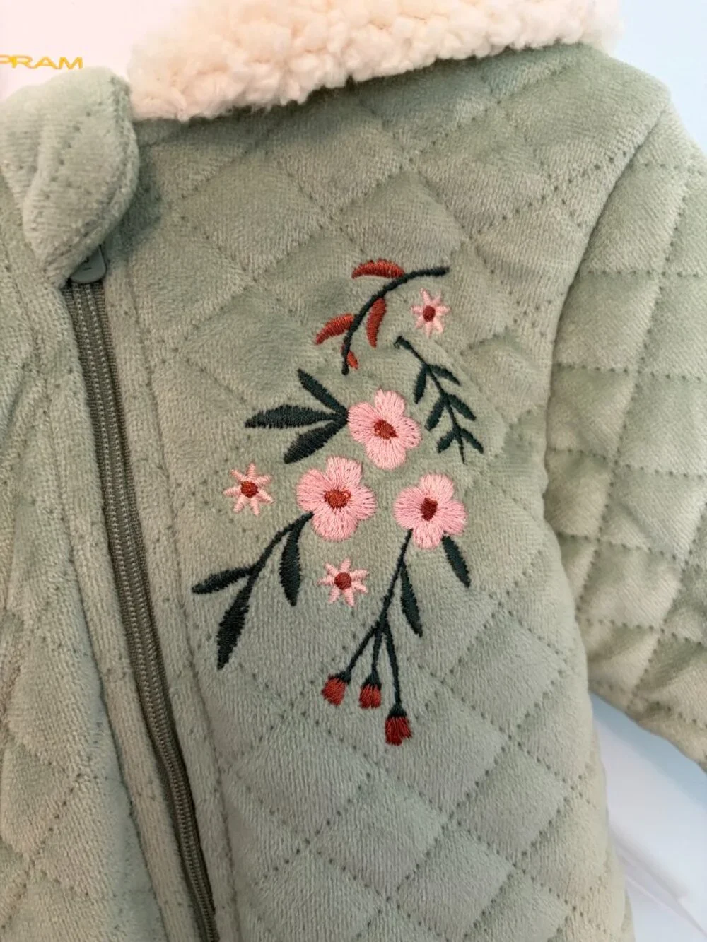 Tahari 6-9 Months Baby Quilted Pram Suit Sage Colored Floral Embroidered Sherpa
